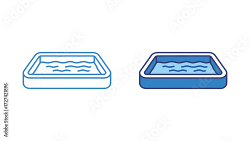 Rectangular inflatable paddling pool outline and color illustration set. Simple vector drawing of a shallow water container for summer outdoor fun.