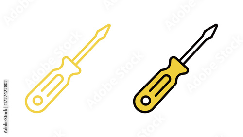 Simple flat-head screwdriver tool outline and color illustration set. Vector drawing of a basic hand tool for repair, construction, and handyman service.