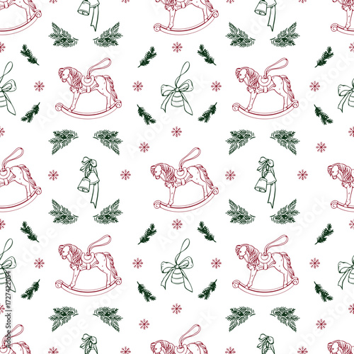 Retro style seamless background, Christmas and New Years wrapping paper. Vintage pattern with Christmas decorations, a rocking horse, bells, and fir branches. Vector wallpaper in green and red on a