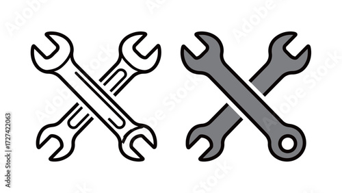 Two crossed wrenches or spanners outline and color illustration set. Simple vector drawing of repair tools for mechanics, service, and technical work.