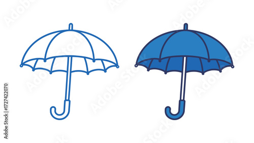 Open blue umbrella outline and color illustration set. Simple vector drawing of a classic rain protection accessory for weather and forecast design.
