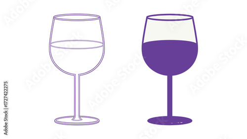 Red wine glass outline and color illustration set. Simple vector drawing of an alcoholic beverage in a stemmed glass for culture, party, and celebration.