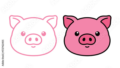 Cute cartoon pig face head icon outline and color illustration set. Simple pink vector drawing of a farm animal for kids, food, and mascot design.