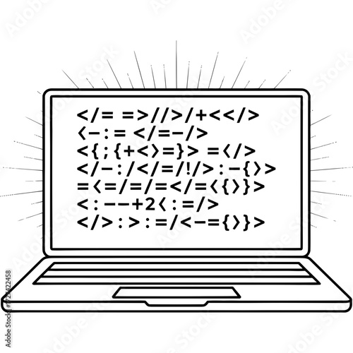 Creative line art illustration of a laptop computer with abstract programming code symbols on a glowing screen