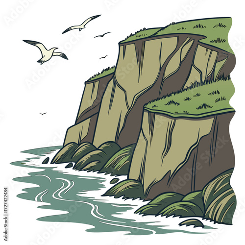 Stylized illustration of dramatic coastal cliffs with green grass and seagulls flying over the ocean waves