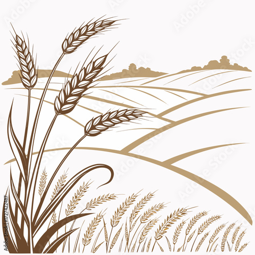 Stylized illustration of golden wheat stalks in a field with rolling hills and trees in the background