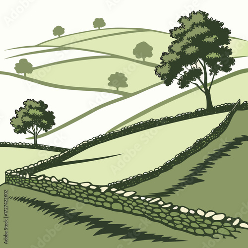 Stylized illustration of rolling green hills with trees and a stone wall dividing fields