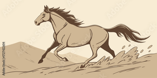 A horse running through a desert landscape in a cartoon style