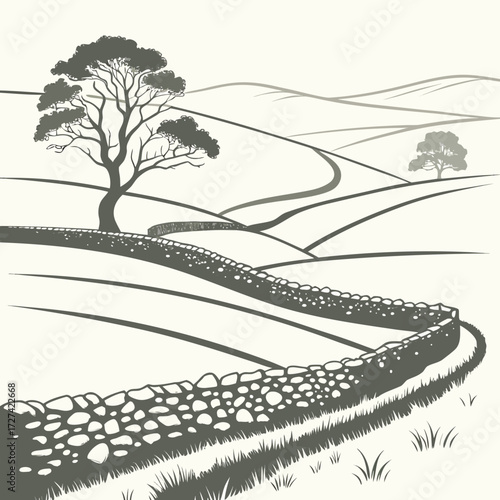 Stylized illustration of rolling hills with a winding dry stone wall and a solitary tree