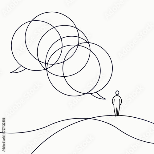 A solitary figure stands on a stylized landscape, contemplating a cluster of overlapping speech bubbles, symbolizing communication and the flow of ideas