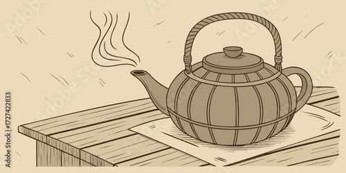 Antique teapot with steam on a wooden table