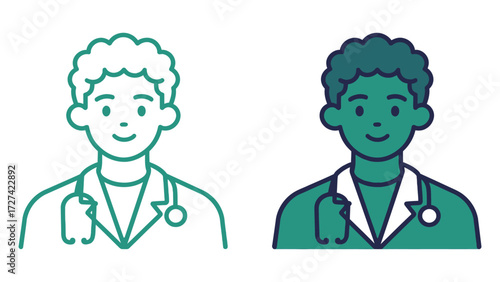 Smiling Male Doctor or Medical Professional with Stethoscope Icon Outline and Solid Vector Illustration Profile Minimalist Flat Style Graphic Resource