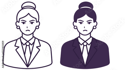 Serious Business Woman in Suit and Tie with Hair Bun Icon Outline and Solid Vector Illustration Profile Minimalist Flat Style Graphic Resource
