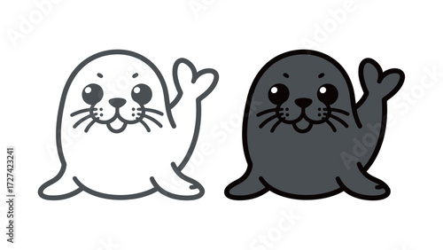 Cute Waving Seal or Sea Lion Icon Outline and Solid Vector Illustration Mascot Logo Design Template Minimalist Flat Style Graphic Resource