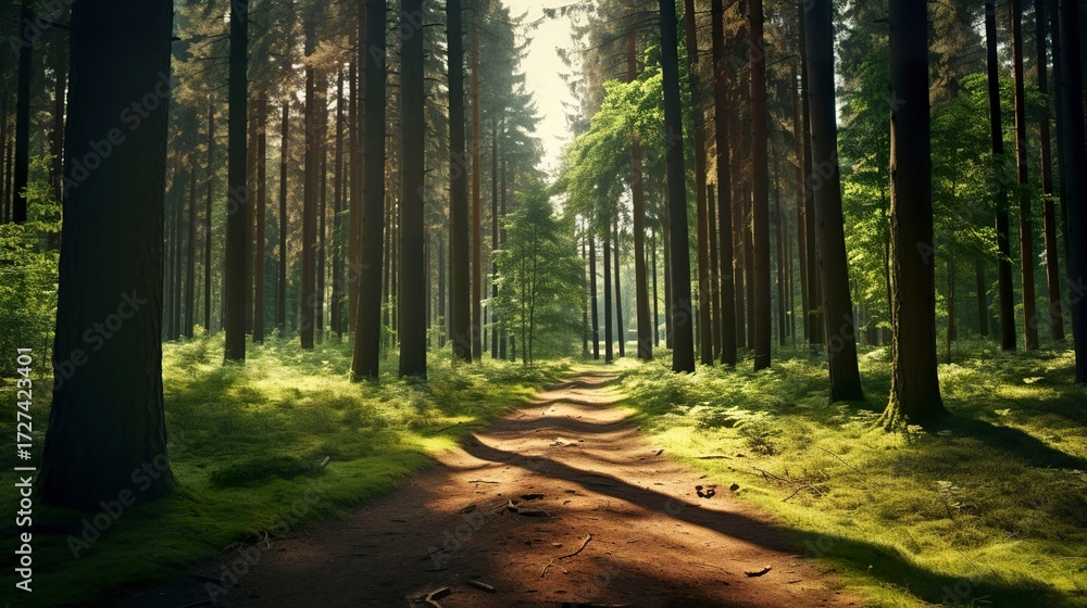 Fototapeta premium A photo of a tranquil forest path in a pine forest