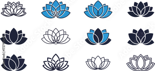 Vector art of collection of lotus flower icons in various styles, including line art and solid fill, in blue and dark blue colors, isolated on a