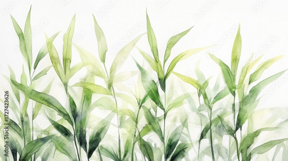 Obraz premium Gentle watercolor painting of lush green grass blades with soft light background captu natural plant growth and botanical outdoor scenery in a delicate artistic style