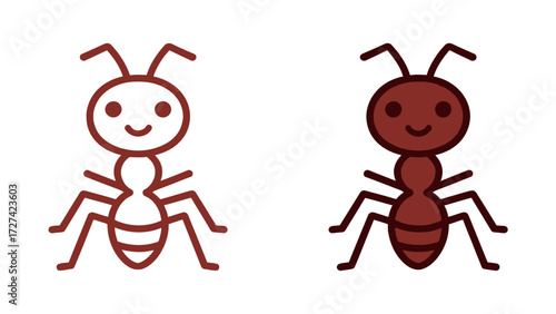 Tiny Happy Brown Ant Insect Icon Outline and Solid Vector Illustration Mascot Logo Design Template Minimalist Flat Style Graphic Resource