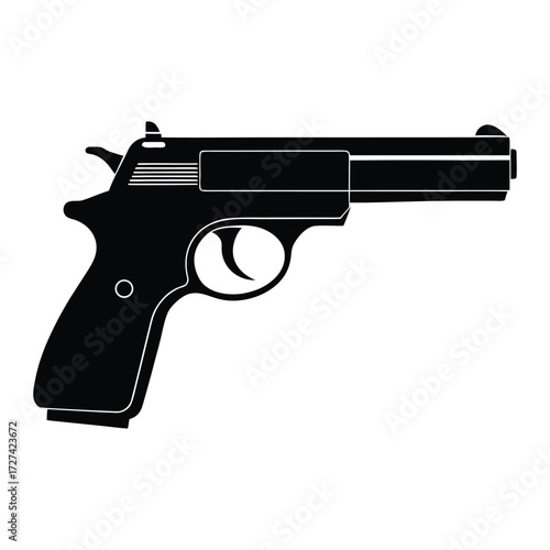A sleek pistol gun silhouette in solid black, capturing the sharp outline and powerful presence of the firearm, perfect for icons, designs, or dramatic visuals.
