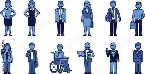Vector art of collection of diverse pixel art people in business attire, including a person in a wheelchair