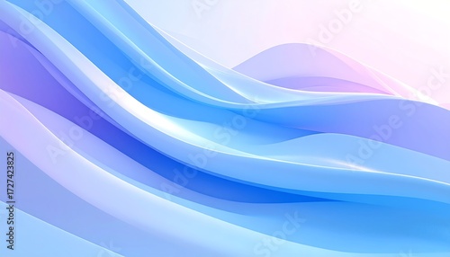 Abstract wavy composition of smooth, flowing forms in pastel blue, lavender, and soft pink hues, creating depth