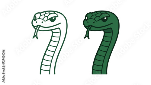 Sly Green Snake Head Cartoon Vector Illustration with Outline and Full Color Style for Reptile Wildlife, Danger, and Poison Concepts