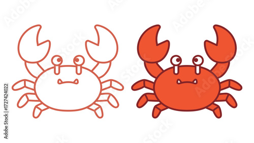 Happy Red Crab Cartoon Vector Illustration with Outline and Solid Color Style for Seafood Restaurants, Beach Vacation, and Marine Life Concepts