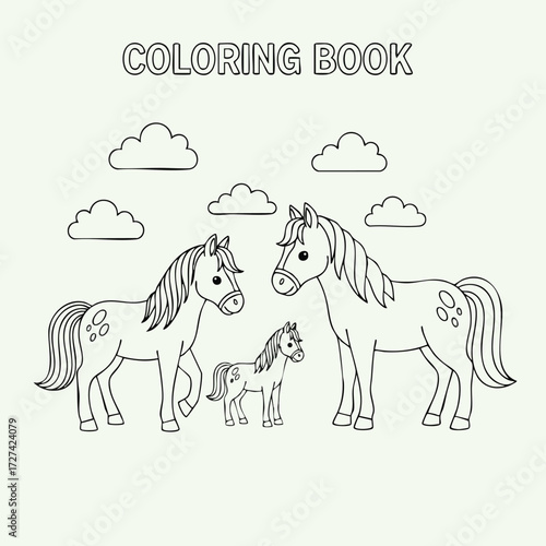 A delightful scene featuring playful horses and a foal surrounded by fluffy clouds in a whimsical design for creativity.