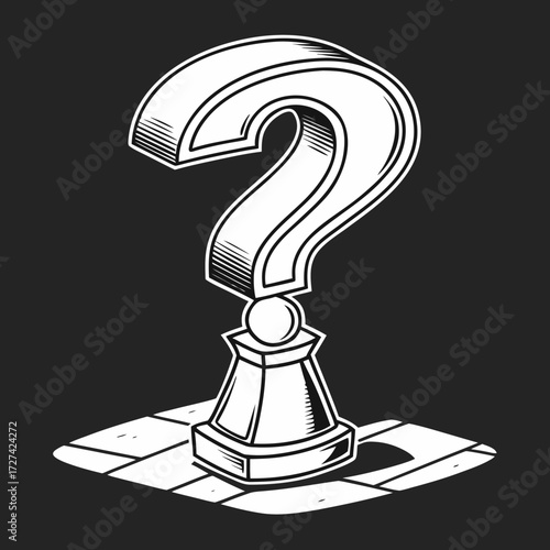 A striking black and white illustration features a bold question mark, stylized like a chess pawn, standing atop a chessboard, symbolizing strategy, mystery, and the unknown