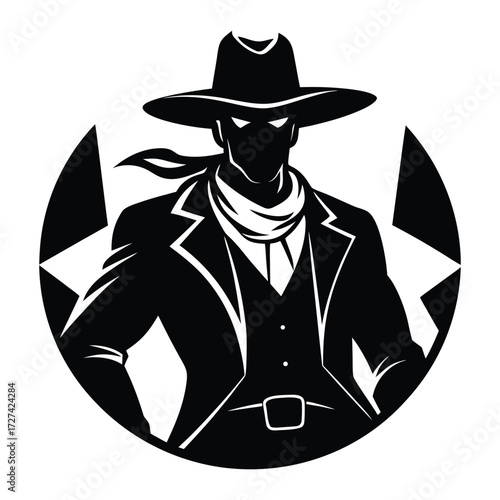 A lone wild west cowboy silhouette stands tall against the horizon, hat tilted, hand near his holster, capturing the rugged spirit and adventure of the frontier.

