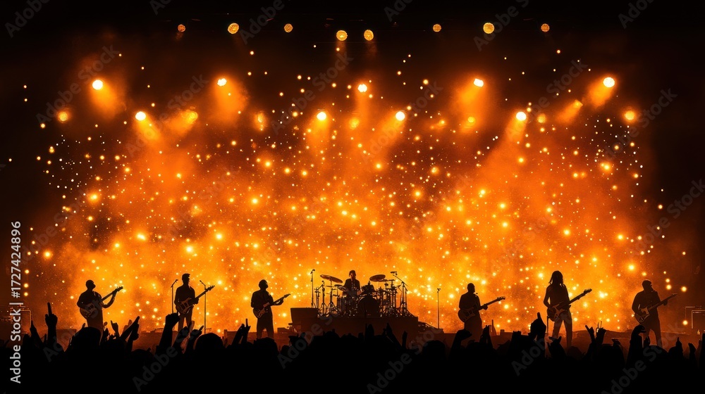 Fototapeta premium Energetic concert stage performance silhouetted band and crowd