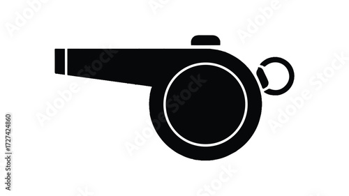 A black and white silhouette illustration of a whistle on a white background. 