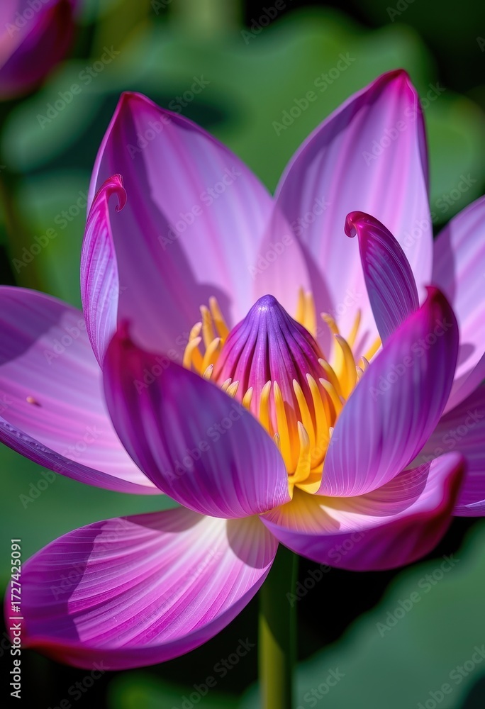 Fototapeta premium Close-up of a vibrant violet lotus flower, petals unfurling in delicate detail, showcasing its exquisite texture and rich color, meditation, petals, elegant