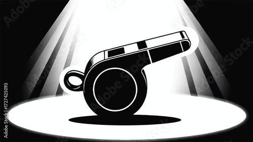 A black and white silhouette illustration of a whistle on a white background.  