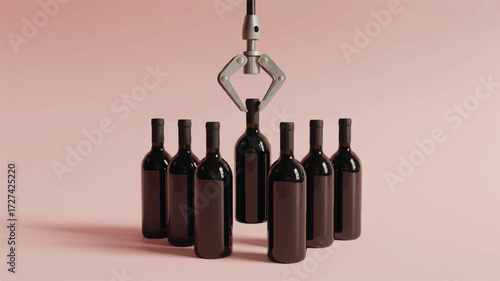A minimalist product photography setup featuring six dark wine bottles arranged in a row against a soft pink background 