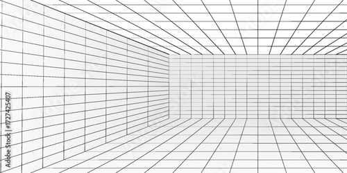 Grid perspective white room with gray wireframe background. digital cyber box technology model. vector abstract. eps 10