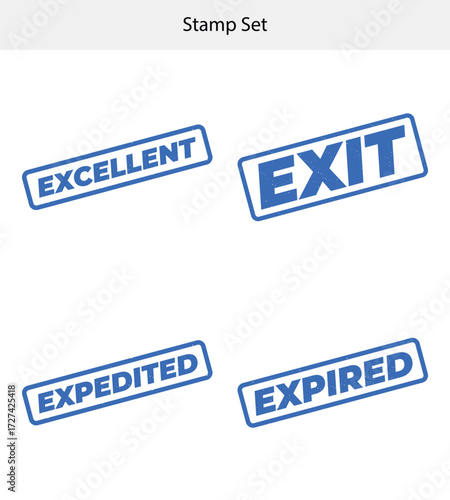 Blue Excellent Exit Expedited Expired Rubber Stamp Set on White Background