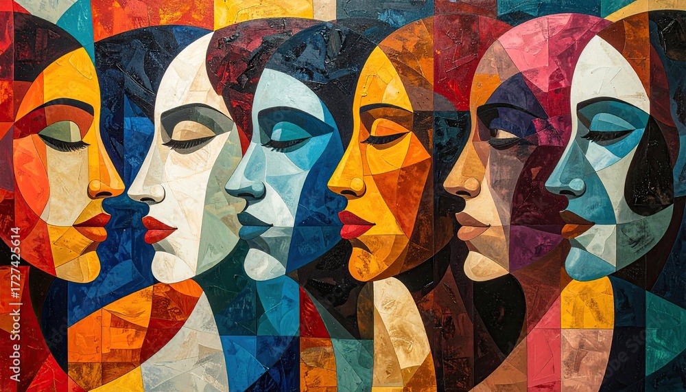 Fototapeta premium Abstract Portrait of Diverse Women Faces in Vibrant Geometric Cubist Style.