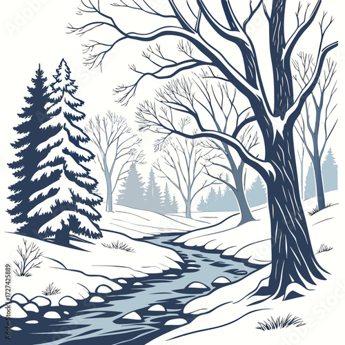 Stylized winter landscape with snow covered trees and a flowing stream in a serene forest setting