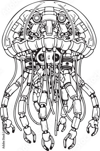 Intricate Black and White Robotic Jellyfish Illustration with Mechanical Tentacles