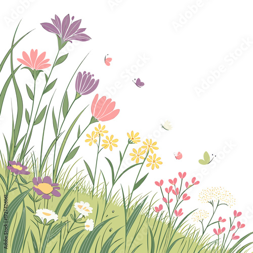 Whimsical meadow scene with colorful blooming flowers and delicate butterflies fluttering