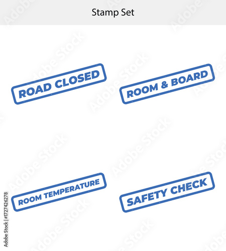 Blue Ink Stamp Marks Set with Road Closed Room Board Safety Check isolated on white