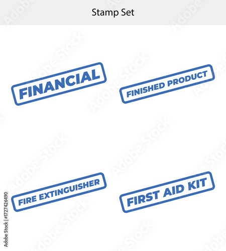 Blue Ink Stamp Set with Financial Finished Product Safety on White Background