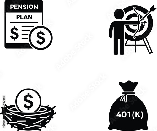Finance icons, retirement themes, money symbols, financial growth, investment planning, savings concepts, long-term goals, economic strategy