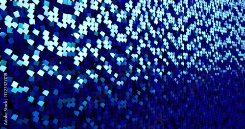 Blue sequins turn up in a random pattern. Side macro view of gorgeous waving pattern background. 3D rendering.