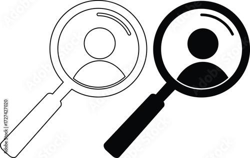 Two magnifying glasses one outlined and one filled silhouette searching for a person silhouette