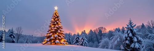 A brightly lit Christmas tree stands tall amidst a pristine snow-covered landscape on a crisp winter morning, winter wonderland, peaceful