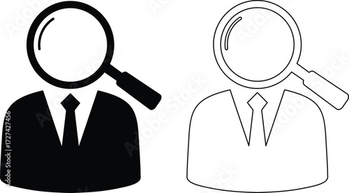 Two human figures in silhouette style with magnifying glass silhouette