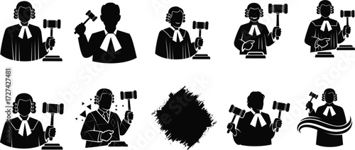 Judge illustration set, black and white vector icons, gavel poses, legal authority concept, courtroom justice, law enforcement, judicial attire, decision making