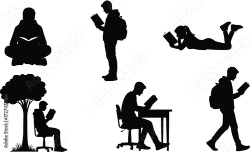 Reading silhouette, student posture, book lover, outdoor study, desk reading, walking with book, peaceful learning, black figure, education concept, backpack reader